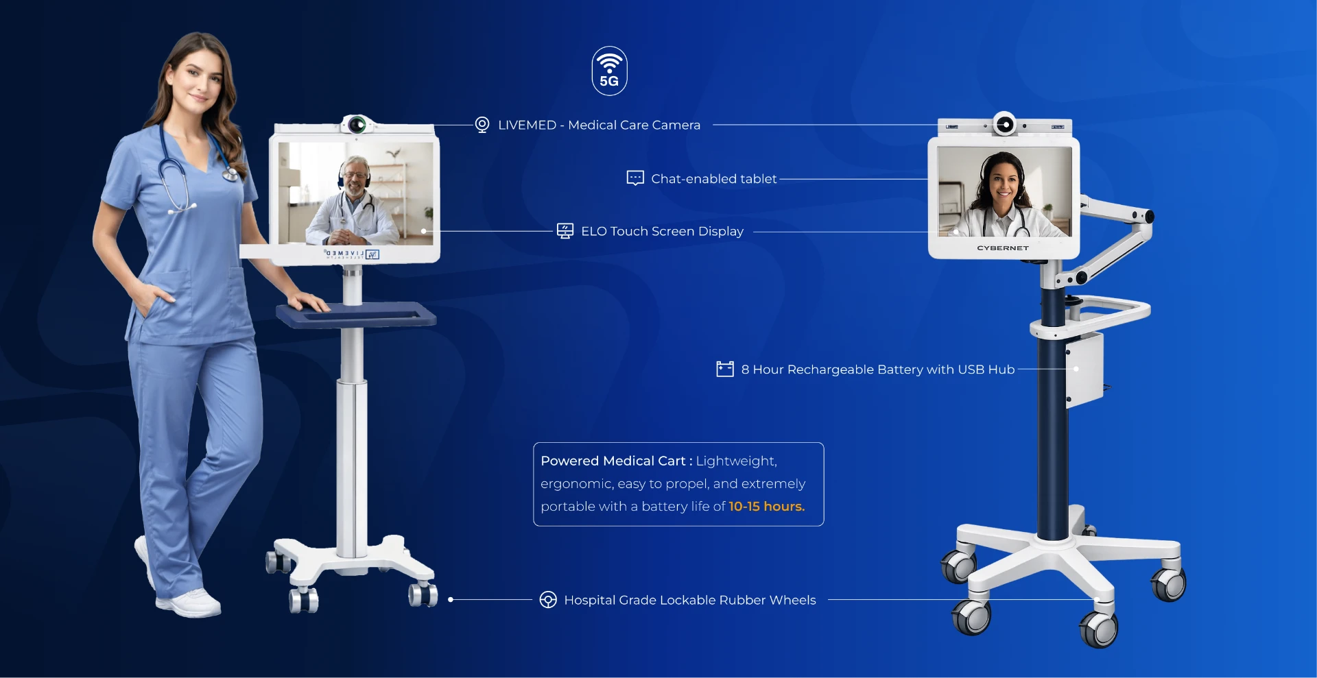 Emma telemedicine cart with medical care camera, chat-enabled tablet, and touch screen display